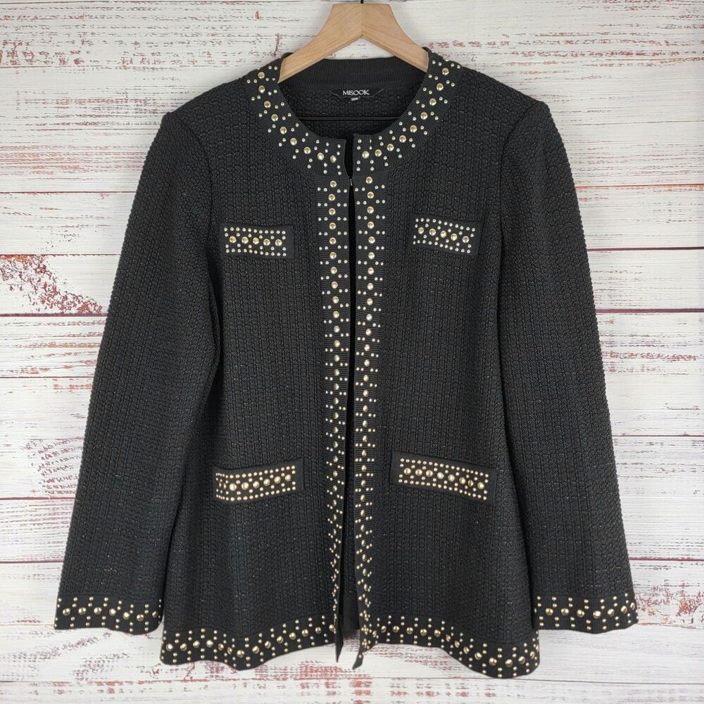 Misook Womens Size L Black Knit Jacket Heritage Fit Studded Gold Accents